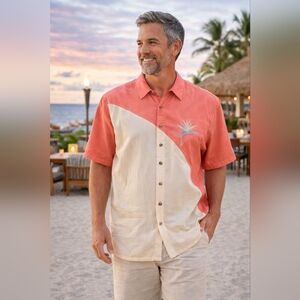 Tommy Bahama Bamboo Cay Shirt XXL Coral Cream Tropical Button Front